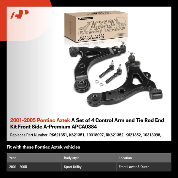 2001-2005 Pontiac Aztek A Set of 4 Control Arm and Tie Rod End Kit Front Side A-Premium APCA0384
