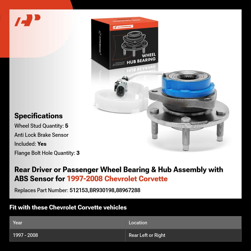 Rear Driver or Passenger Wheel Bearing & Hub Assembly with ABS Sensor for 1997-2008 Chevrolet Corvette