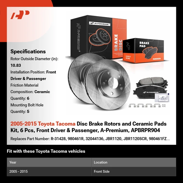 2005-2015 Toyota Tacoma Disc Brake Rotors and Ceramic Pads Kit, 6 Pcs, Front Driver & Passenger, A-Premium, APBRPR904