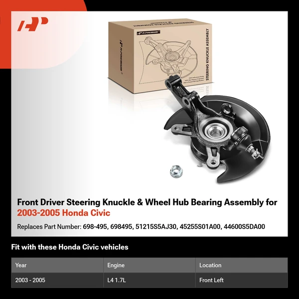 Front Driver Steering Knuckle & Wheel Hub Bearing Assembly for 2003-2005 Honda Civic