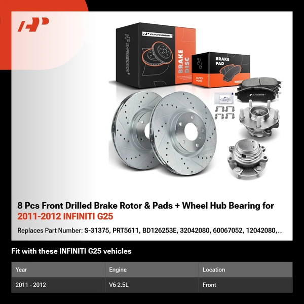 8 Pcs Front Drilled Brake Rotor & Pads + Wheel Hub Bearing for 2011-2012 INFINITI G25