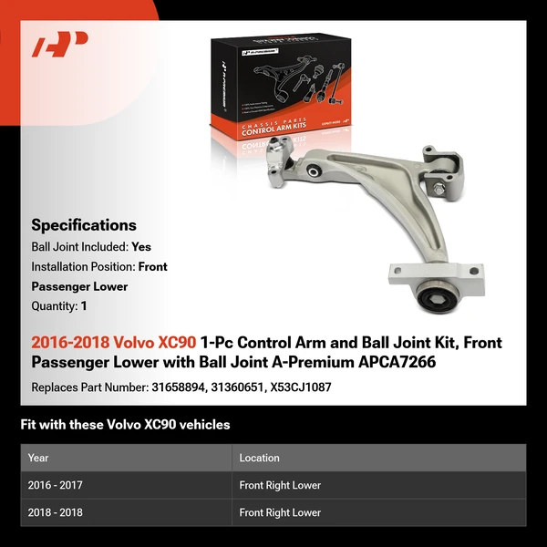 2016-2018 Volvo XC90 1-Pc Control Arm and Ball Joint Kit, Front Passenger Lower with Ball Joint A-Premium APCA7266