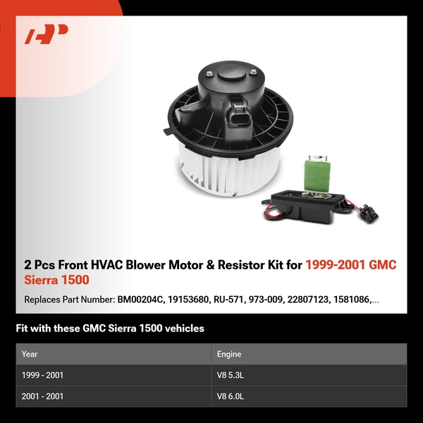 2 Pcs Front HVAC Blower Motor & Resistor Kit for 1999-2001 GMC Sierra 1500