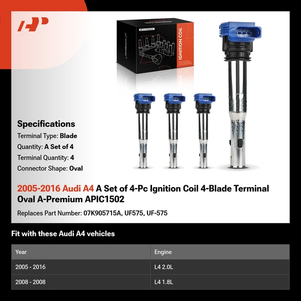 2005-2016 Audi A4 A Set of 4-Pc Ignition Coil 4-Blade Terminal Oval A-Premium APIC1502