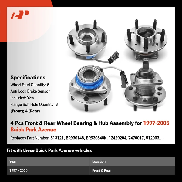 4 Pcs Front & Rear Wheel Bearing & Hub Assembly for 1997-2005 Buick Park Avenue
