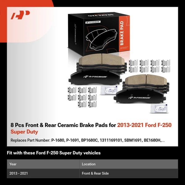 8 Pcs Front & Rear Ceramic Brake Pads for 2013-2021 Ford F-250 Super Duty