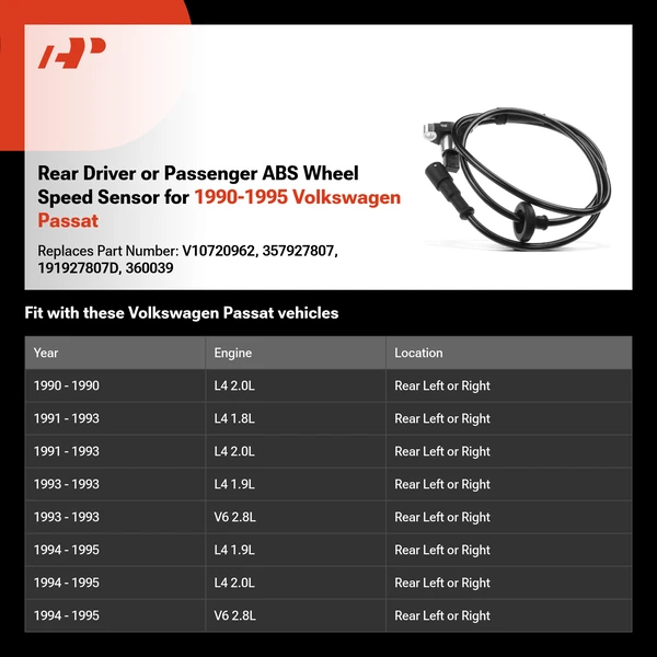 Rear Driver or Passenger ABS Wheel Speed Sensor for 1990-1995 Volkswagen Passat