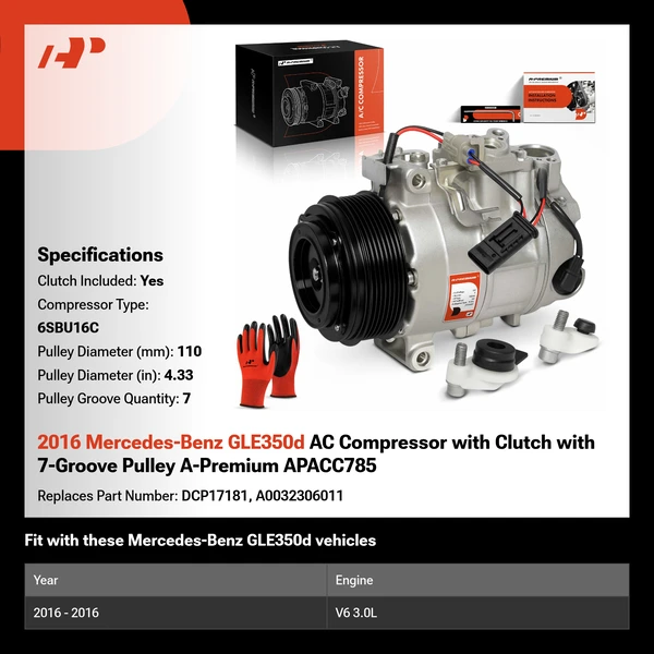 2016 Mercedes-Benz GLE350d AC Compressor with Clutch with 7-Groove Pulley A-Premium APACC785