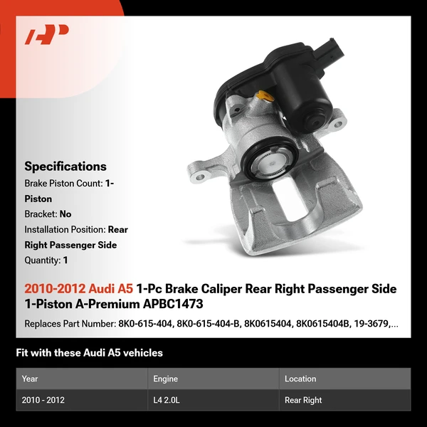 2010-2012 Audi A5 1-Pc Brake Caliper Rear Right Passenger Side 1-Piston A-Premium APBC1473