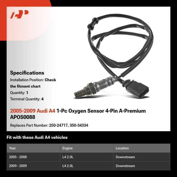 2005-2009 Audi A4 1-Pc Oxygen Sensor 4-Pin A-Premium APOS0088