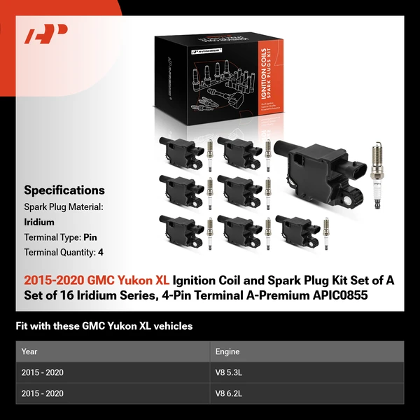 2015-2020 GMC Yukon XL Ignition Coil and Spark Plug Kit Set of A Set of 16 Iridium Series, 4-Pin Terminal A-Premium APIC0855