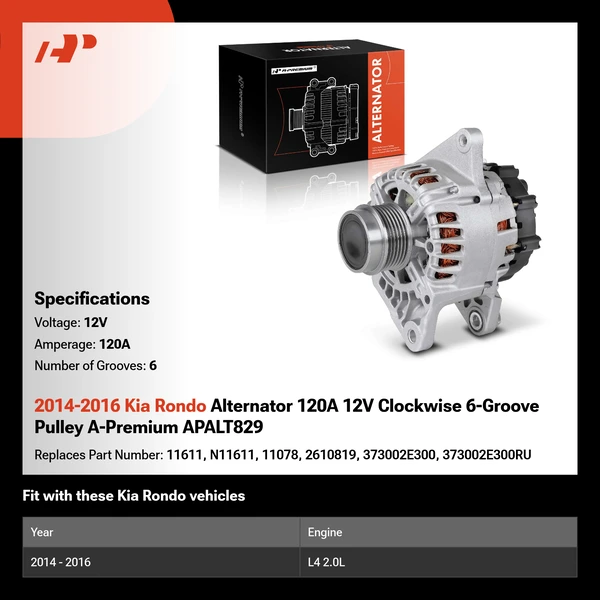 2014-2016 Kia Rondo Alternator 120A 12V Clockwise 6-Groove Pulley A-Premium APALT829