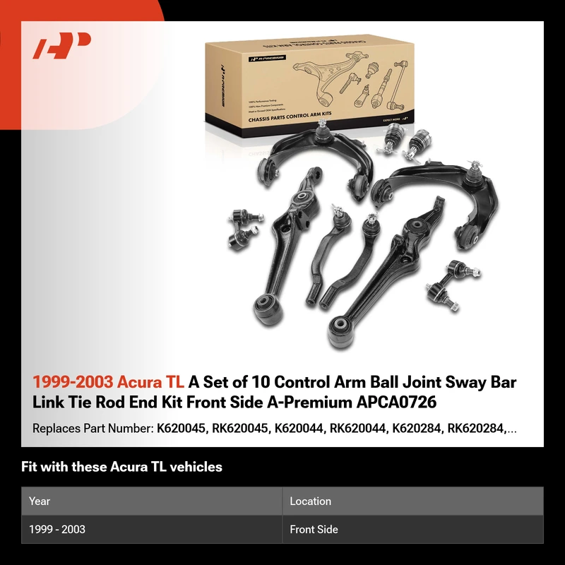1999-2003 Acura TL A Set of 10 Control Arm Ball Joint Sway Bar Link Tie Rod End Kit Front Side A-Premium APCA0726
