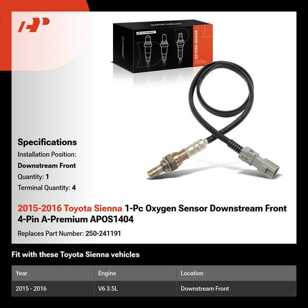 2015-2016 Toyota Sienna 1-Pc Oxygen Sensor Downstream Front 4-Pin A-Premium APOS1404