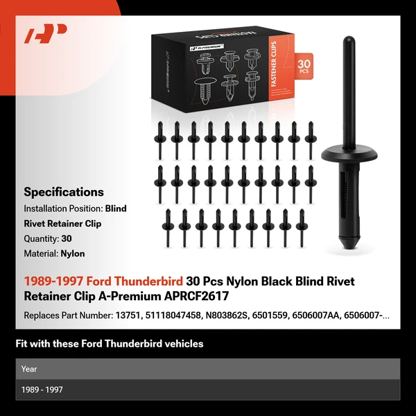 1989-1997 Ford Thunderbird 30 Pcs Nylon Black Blind Rivet Retainer Clip A-Premium APRCF2617