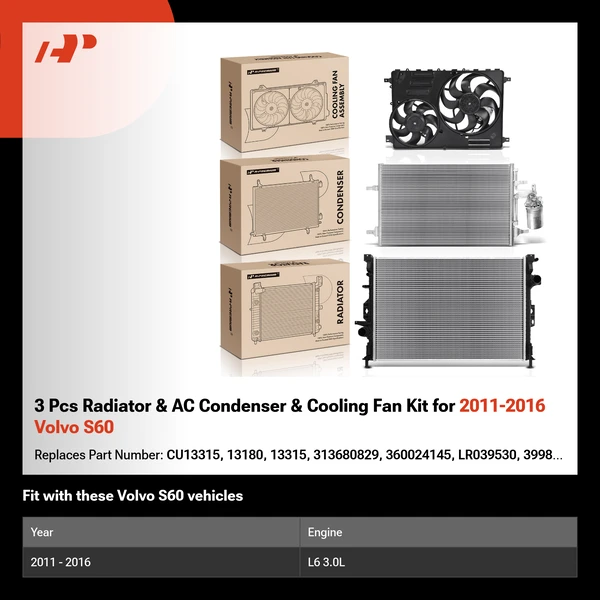 3 Pcs Radiator & AC Condenser & Cooling Fan Kit for 2011-2016 Volvo S60