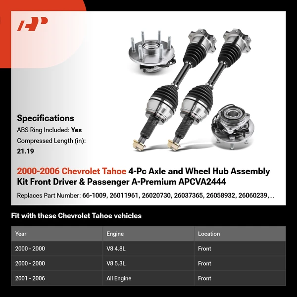 2000-2006 Chevrolet Tahoe 4-Pc Axle and Wheel Hub Assembly Kit Front Driver & Passenger A-Premium APCVA2444
