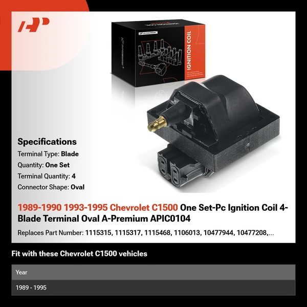 1989-1990 1993-1995 Chevrolet C1500 One Set-Pc Ignition Coil 4-Blade Terminal Oval A-Premium APIC0104