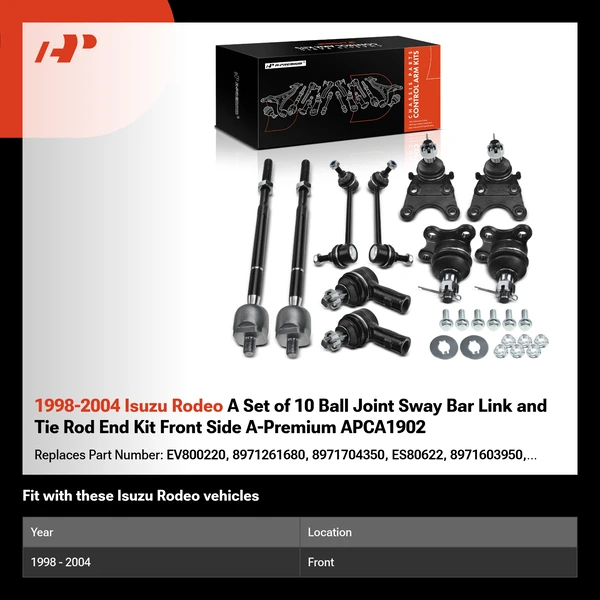 1998-2004 Isuzu Rodeo A Set of 10 Ball Joint Sway Bar Link and Tie Rod End Kit Front Side A-Premium APCA1902