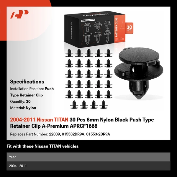2004-2011 Nissan TITAN 30 Pcs 8mm Nylon Black Push Type Retainer Clip A-Premium APRCF1668