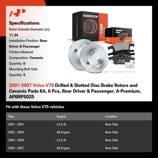 2001-2007 Volvo V70 Drilled & Slotted Disc Brake Rotors and Ceramic Pads Kit, 6 Pcs, Rear Driver & Passenger, A-Premium, APBRPS025