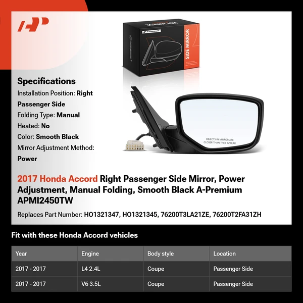 2017 Honda Accord Right Passenger Side Mirror, Power Adjustment, Manual Folding, Smooth Black A-Premium APMI2450TW