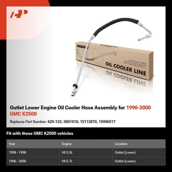 Outlet Lower Engine Oil Cooler Hose Assembly for 1996-2000 GMC K2500