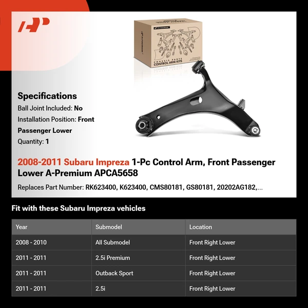2008-2011 Subaru Impreza 1-Pc Control Arm, Front Passenger Lower A-Premium APCA5658