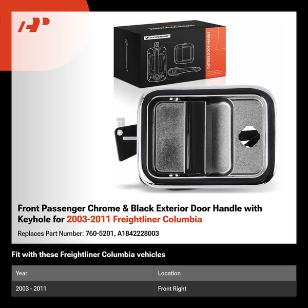 Front Passenger Chrome & Black Exterior Door Handle with Keyhole for 2003-2011 Freightliner Columbia