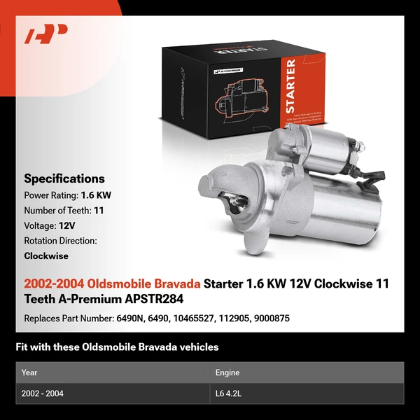 2002-2004 Oldsmobile Bravada Starter 1.6 KW 12V Clockwise 11 Teeth A-Premium APSTR284