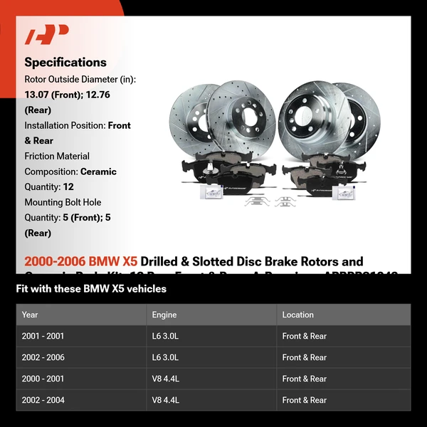 2000-2006 BMW X5 Drilled & Slotted Disc Brake Rotors and Ceramic Pads Kit, 12 Pcs, Front & Rear, A-Premium, APBRPS1043