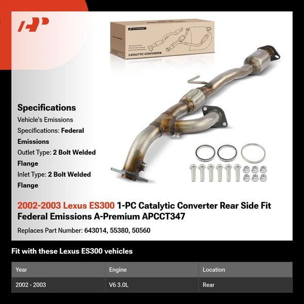 2002-2003 Lexus ES300 1-PC Catalytic Converter Rear Side Fit Federal Emissions A-Premium APCCT347