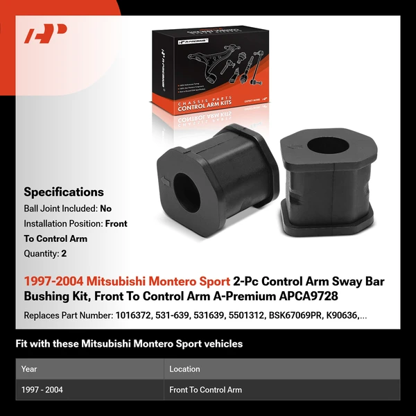 1997-2004 Mitsubishi Montero Sport 2-Pc Control Arm Sway Bar Bushing Kit, Front To Control Arm A-Premium APCA9728