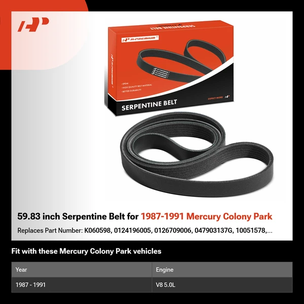 59.83 inch Serpentine Belt for 1987-1991 Mercury Colony Park