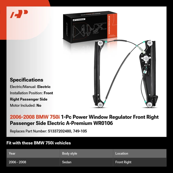 2006-2008 BMW 750i 1-Pc Power Window Regulator Front Right Passenger Side Electric A-Premium WR0106