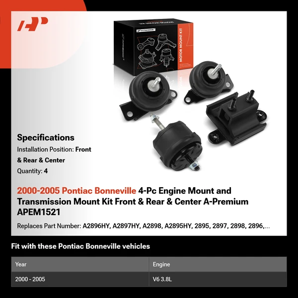 2000-2005 Pontiac Bonneville 4-Pc Engine Mount and Transmission Mount Kit Front & Rear & Center A-Premium APEM1521