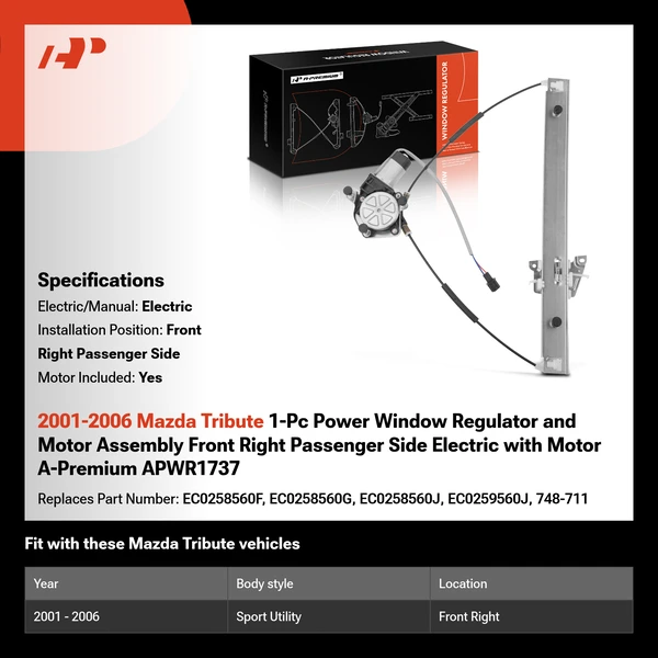 2001-2006 Mazda Tribute 1-Pc Power Window Regulator and Motor Assembly Front Right Passenger Side Electric with Motor A-Premium APWR1737