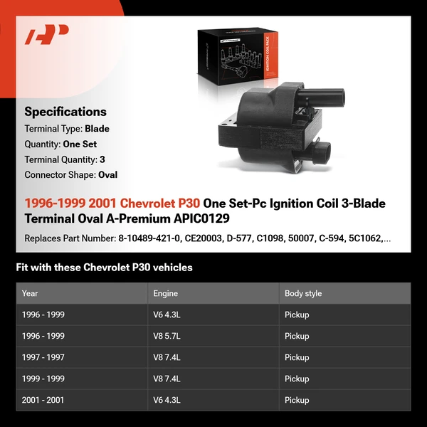 1996-1999 2001 Chevrolet P30 One Set-Pc Ignition Coil 3-Blade Terminal Oval A-Premium APIC0129