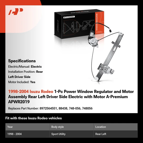 1998-2004 Isuzu Rodeo 1-Pc Power Window Regulator and Motor Assembly Rear Left Driver Side Electric with Motor A-Premium APWR2019
