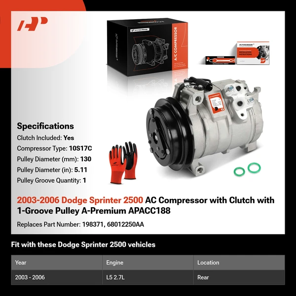2003-2006 Dodge Sprinter 2500 AC Compressor with Clutch with 1-Groove Pulley A-Premium APACC188