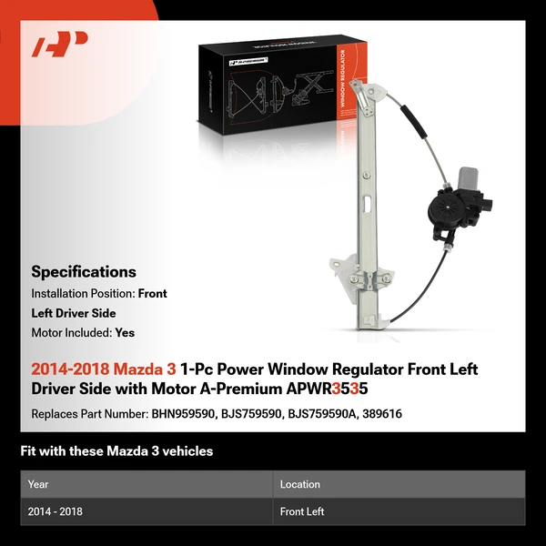 2014-2018 Mazda 3 1-Pc Power Window Regulator Front Left Driver Side with Motor A-Premium APWR3535