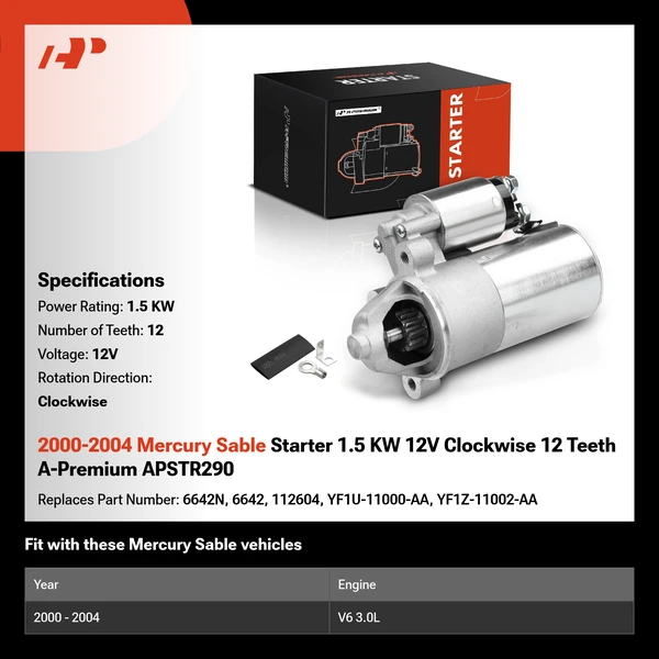 2000-2004 Mercury Sable Starter 1.5 KW 12V Clockwise 12 Teeth A-Premium APSTR290