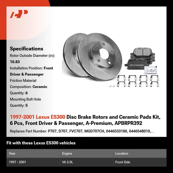 1997-2001 Lexus ES300 Disc Brake Rotors and Ceramic Pads Kit, 6 Pcs, Front Driver & Passenger, A-Premium, APBRPR392
