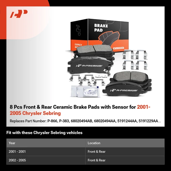8 Pcs Front & Rear Ceramic Brake Pads with Sensor for 2001-2005 Chrysler Sebring
