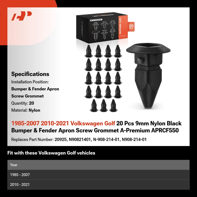 1985-2007 2010-2021 Volkswagen Golf 20 Pcs 9mm Nylon Black Bumper & Fender Apron Screw Grommet A-Premium APRCF550