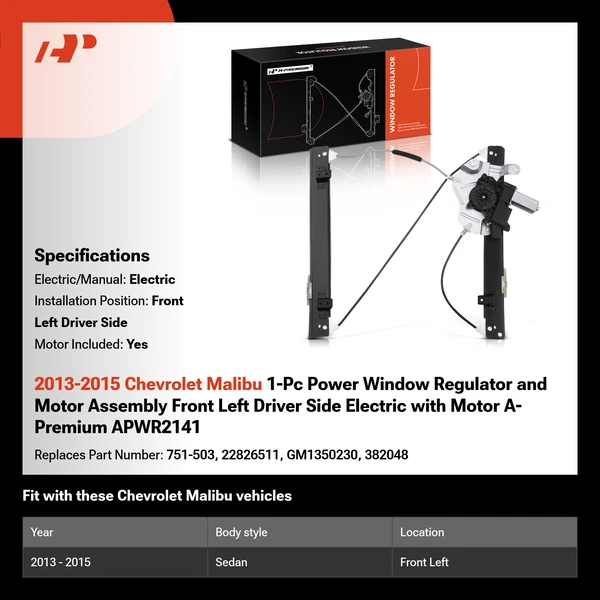 2013-2015 Chevrolet Malibu 1-Pc Power Window Regulator and Motor Assembly Front Left Driver Side Electric with Motor A-Premium APWR2141