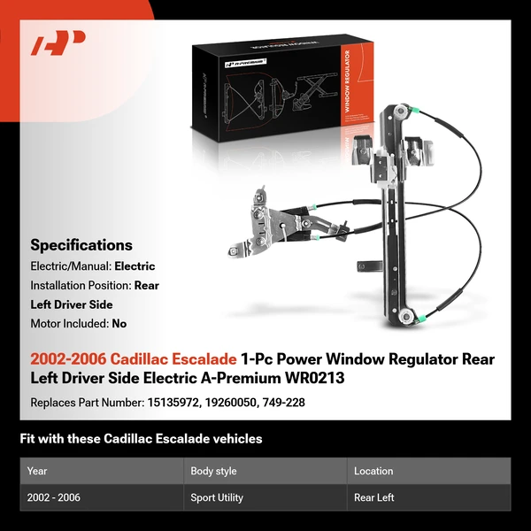 2002-2006 Cadillac Escalade 1-Pc Power Window Regulator Rear Left Driver Side Electric A-Premium WR0213