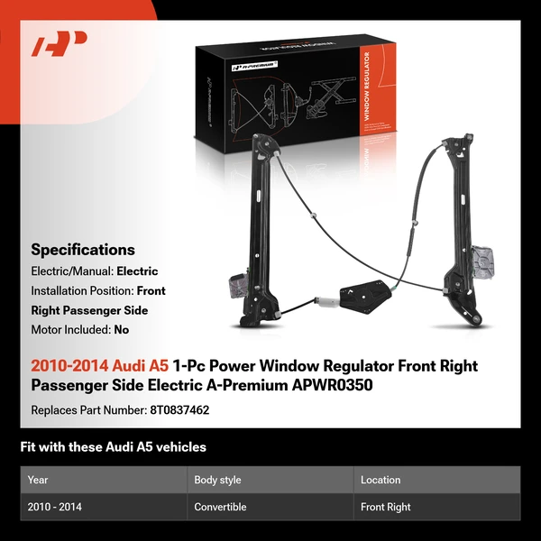 2010-2014 Audi A5 1-Pc Power Window Regulator Front Right Passenger Side Electric A-Premium APWR0350