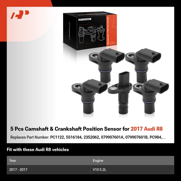 5 Pcs Camshaft & Crankshaft Position Sensor for 2017 Audi R8
