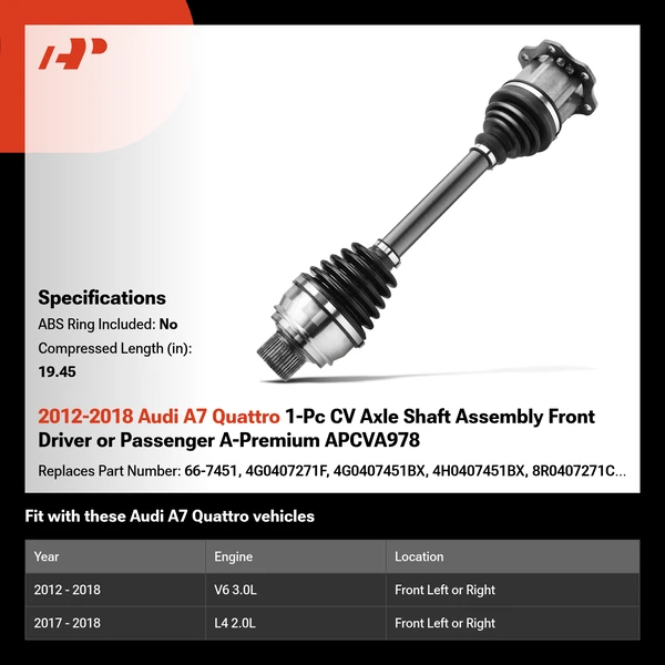 2012-2018 Audi A7 Quattro 1-Pc CV Axle Shaft Assembly Front Driver or Passenger A-Premium APCVA978